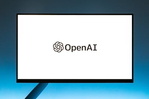 Minimalistic display of OpenAI logo on a monitor with a gradient blue background, representing modern technology.