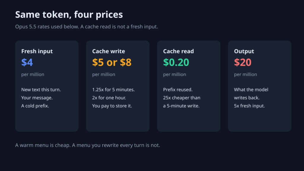 Four Opus 5.5 prices: fresh input, cache write, cache read, and output