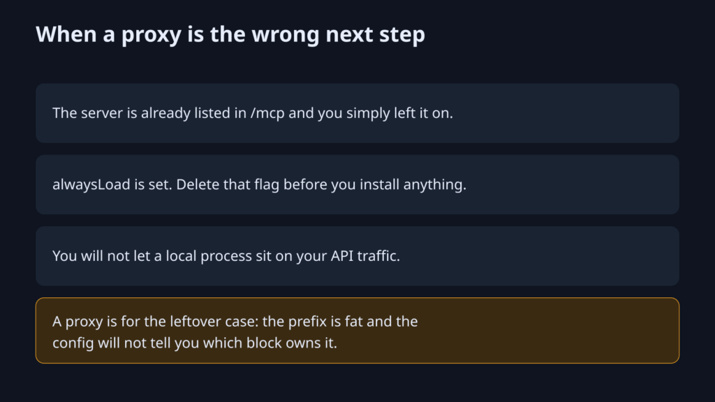 When not to install a request proxy: /mcp already explains the prefix
