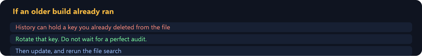 If an older build already ran — rotate keys that lived in history, then update and re-search