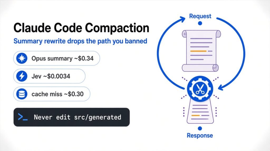 Claude Code compaction: scissors leave one amber stripe on a scroll — Apple-white thick blue style