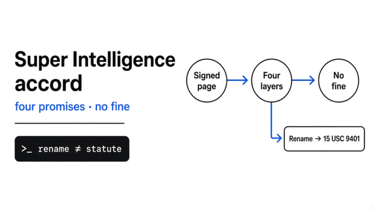 The Super Intelligence accord is four promises and no fine. The rename does not change the statute.