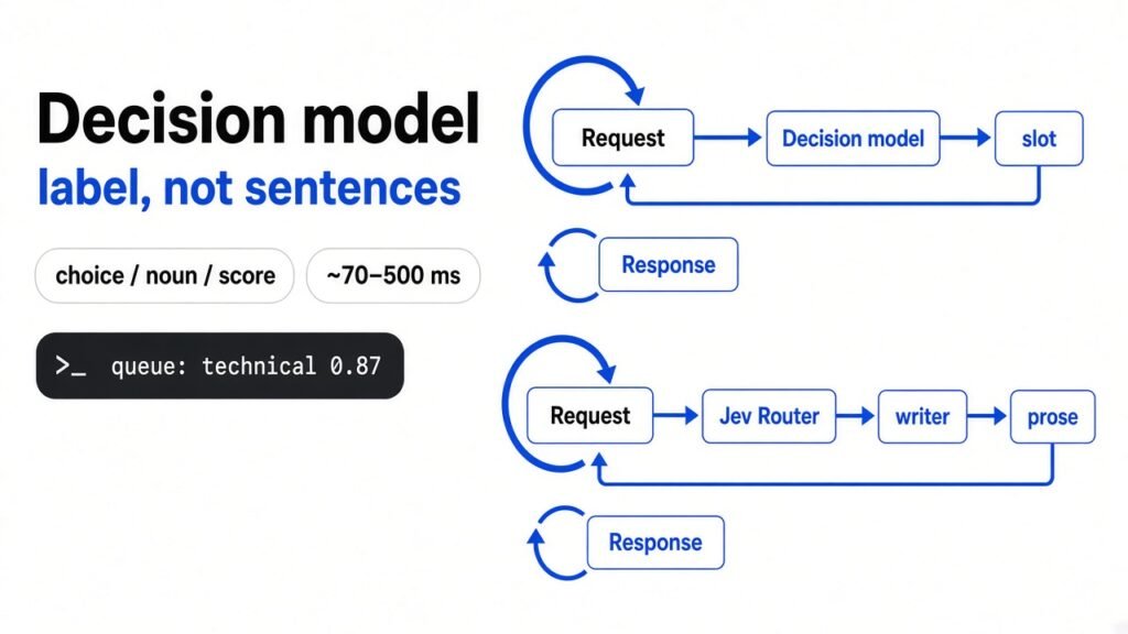 Decision model vs chatbot: Ollaya returns a labeled slot; Jev Router still calls a writer; Apple-white thick Claude blue