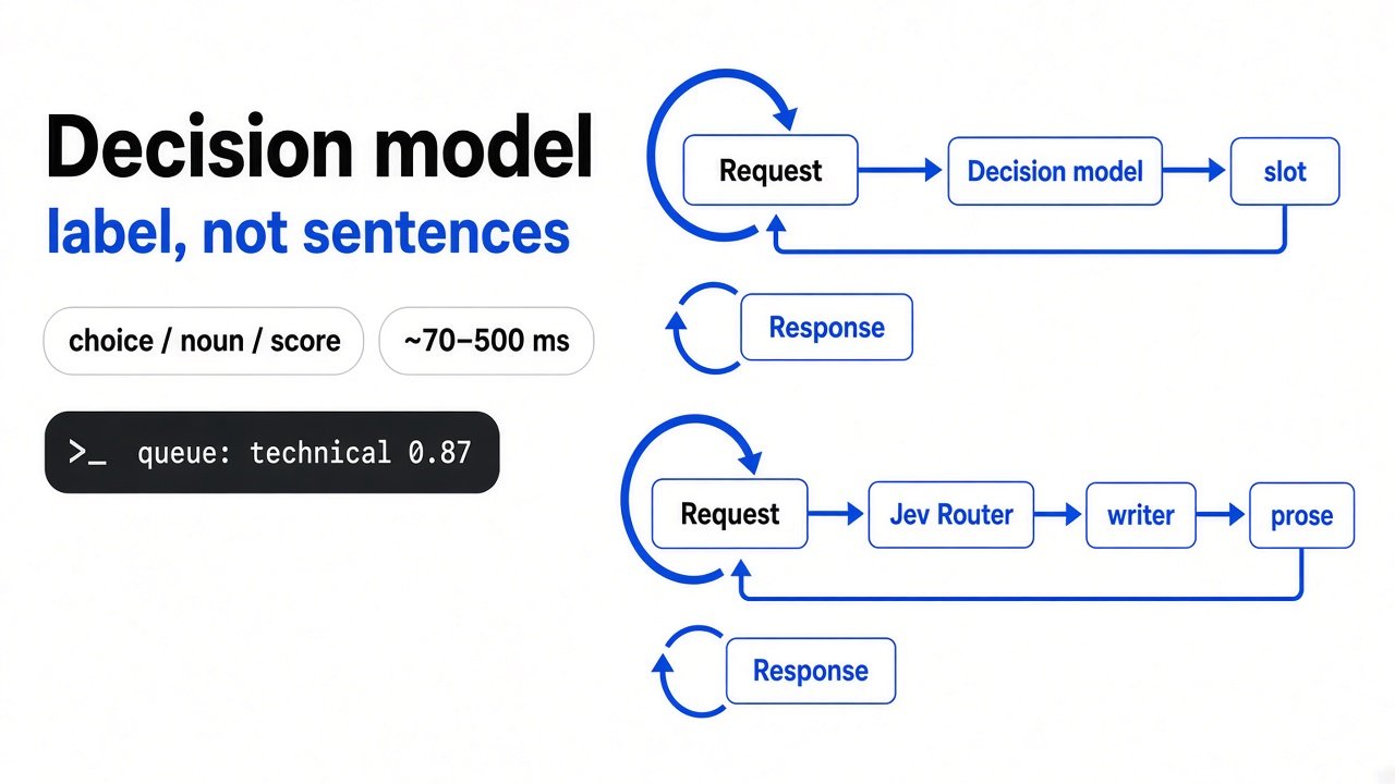 Ollaya runs the model that does not write. Jev Router still calls a chatbot. Decision model vs chatbot: Ollaya returns a labeled slot; Jev Router still calls a writer; Apple-white thick Claude blue