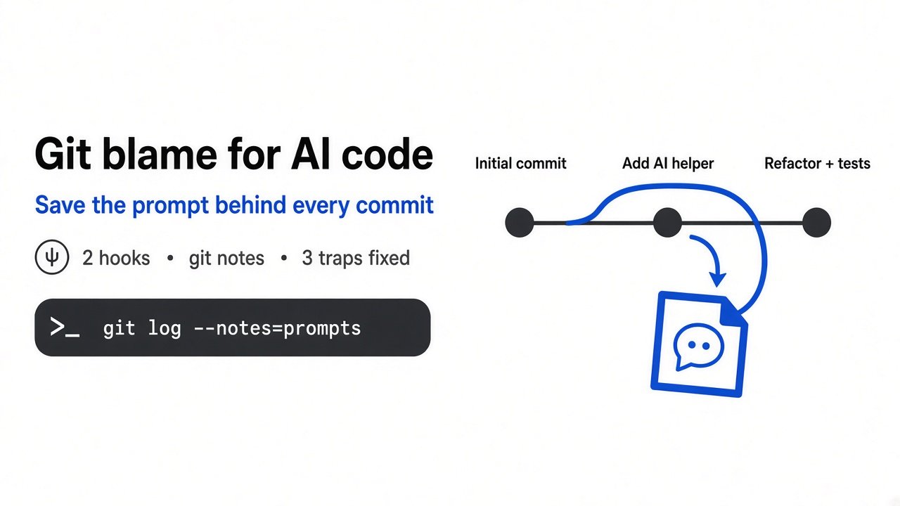 Why did Claude Code write this? Save the prompt behind every commit Git commit graph with AI prompt sticky note; Apple-white thick Claude blue