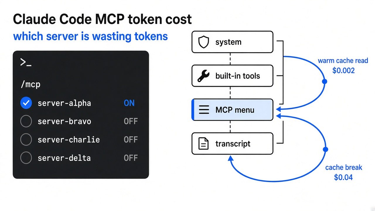 Claude Code MCP token cost: which server is wasting tokens Claude Code MCP token cost: request stack with tool menu in the prefix on Apple-white with #2f77f7 accents