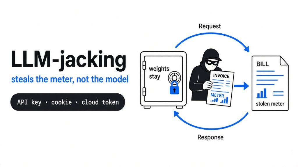 LLM-jacking: the meter is stolen, not the model — Apple-white diagram with #2f77f7 accents