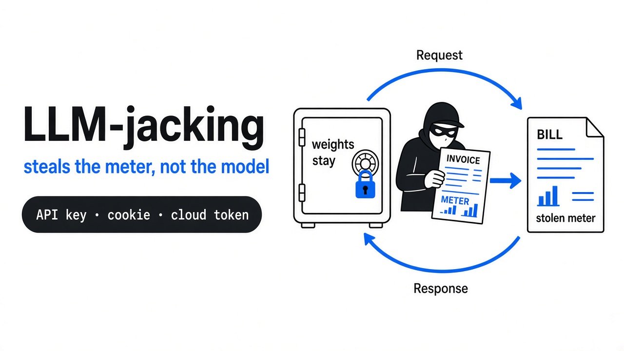LLM-jacking does not steal the model. It steals the meter. LLM-jacking: the meter is stolen, not the model — Apple-white diagram with #2f77f7 accents