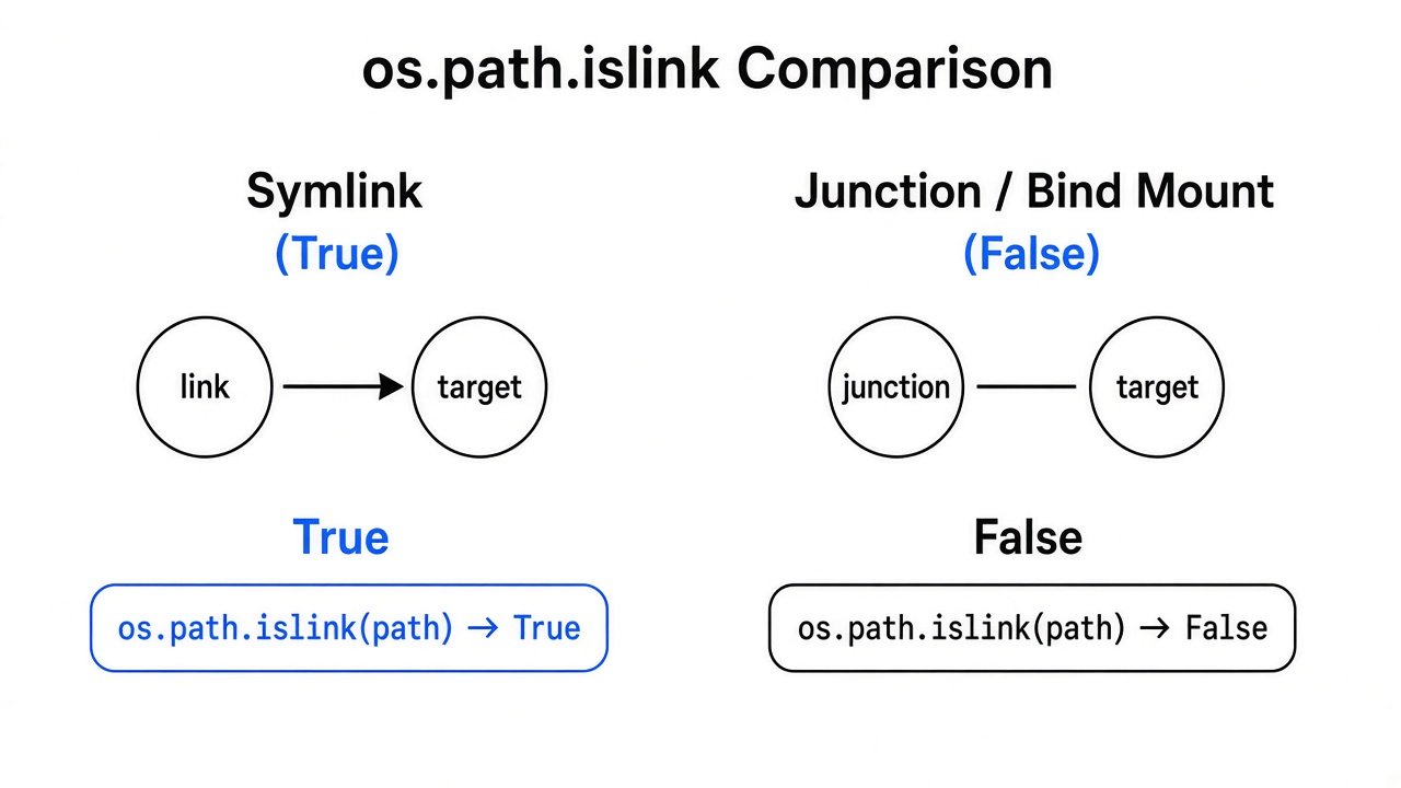 os.path.islink True for symlink, False for junction/bind mount