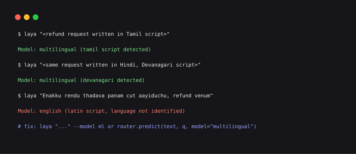 Laya router output: Tanglish is sent to the English model unless you force multilingual