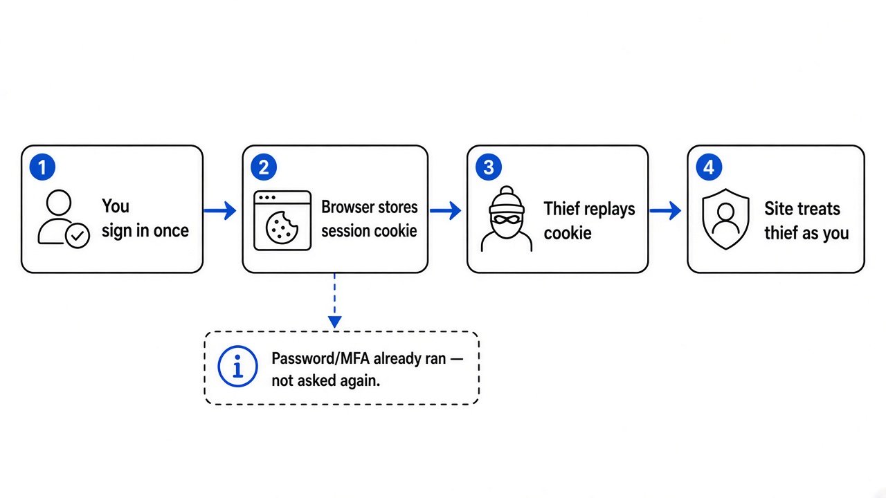 Cookie replay flowchart: sign in once, cookie stored, thief replays, site treats thief as you