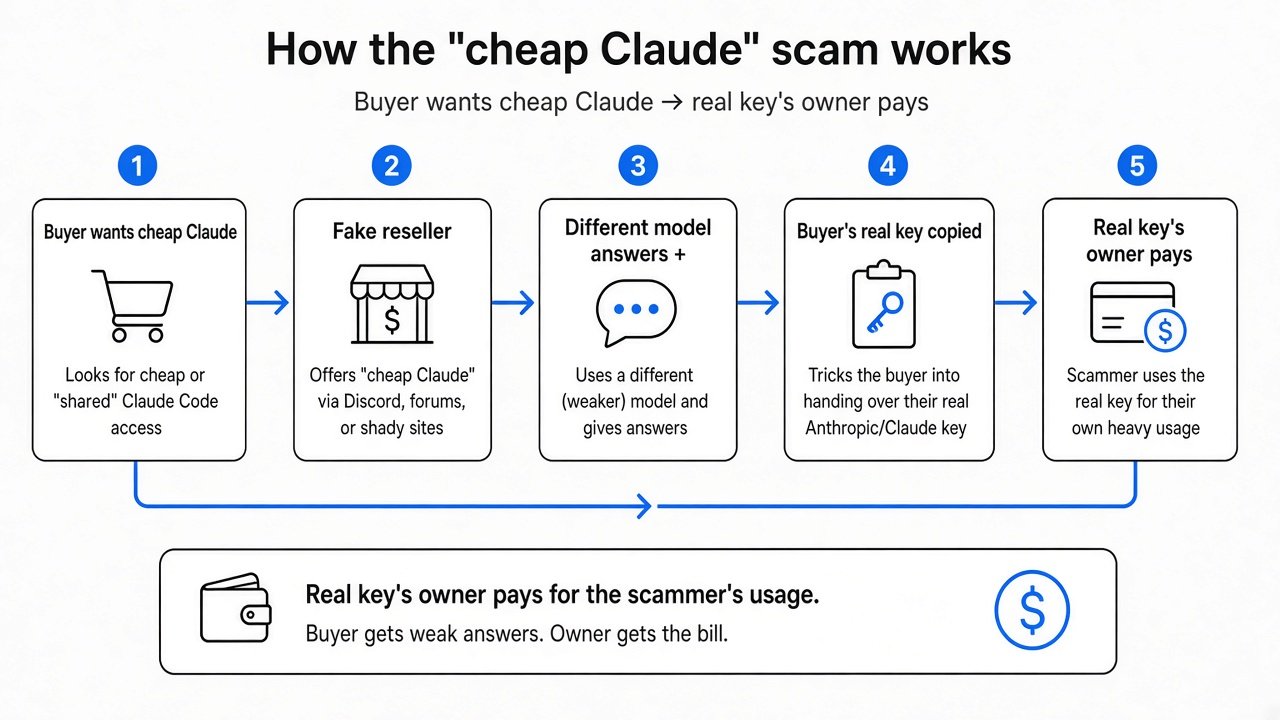 Fake reseller flowchart: buyer wants cheap Claude, shop proxies another model and harvests the real key