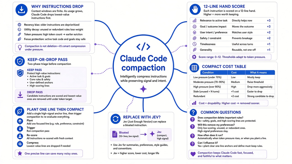 Mind map of Claude Code compaction: why instructions drop, keep-or-drop, 12-line score, cost table, Jev tradeoffs, plant-one-line test, FAQ