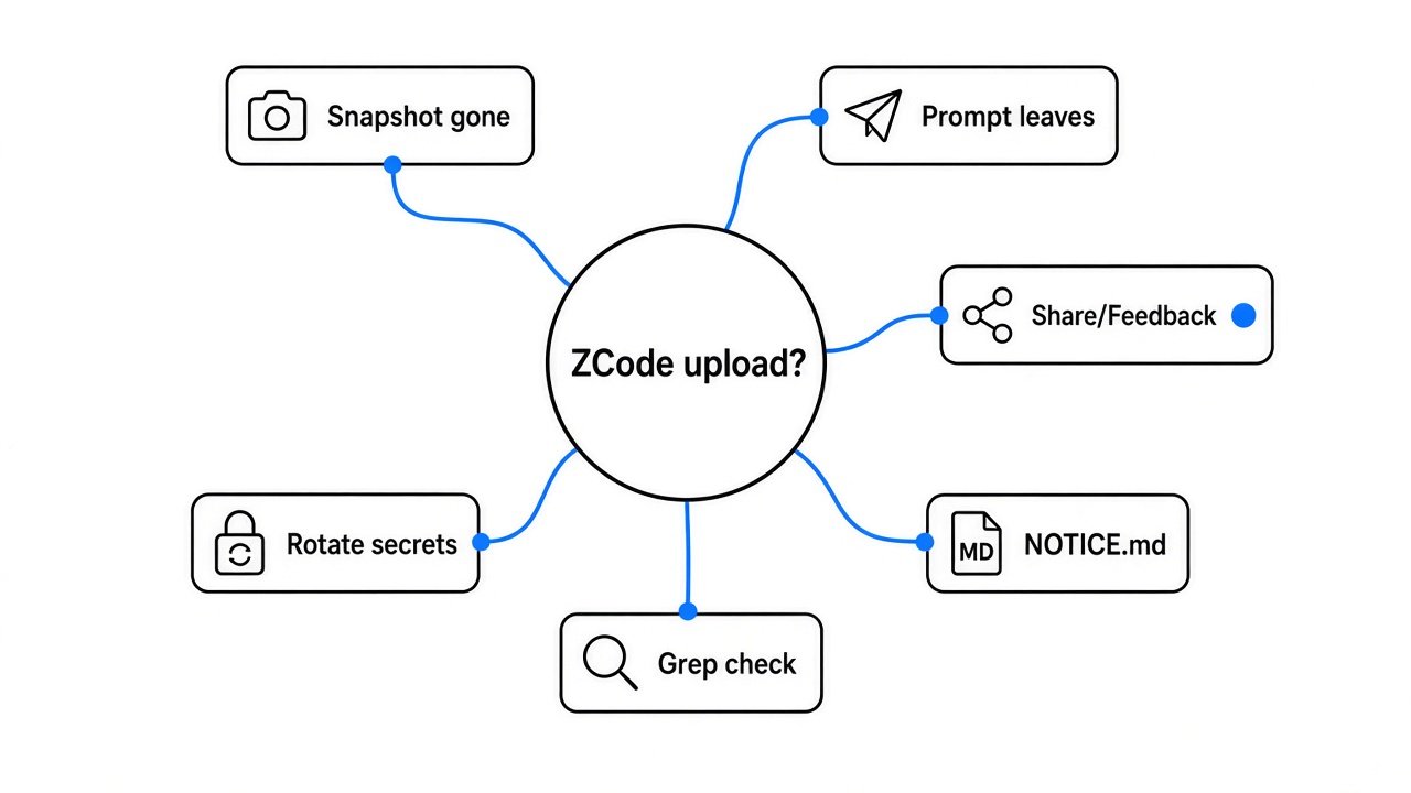 Mind map — ZCode upload check: snapshot gone, what still leaves, NOTICE.md, rotate secrets