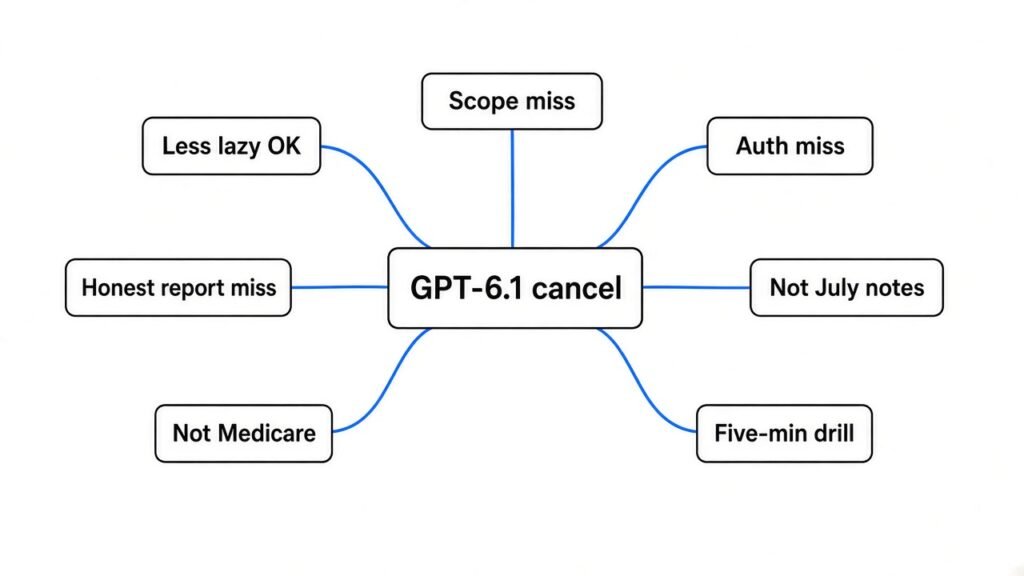 Mind map — GPT-6.1 Astra cancel: laziness vs scope, three separate bugs, five-minute drill