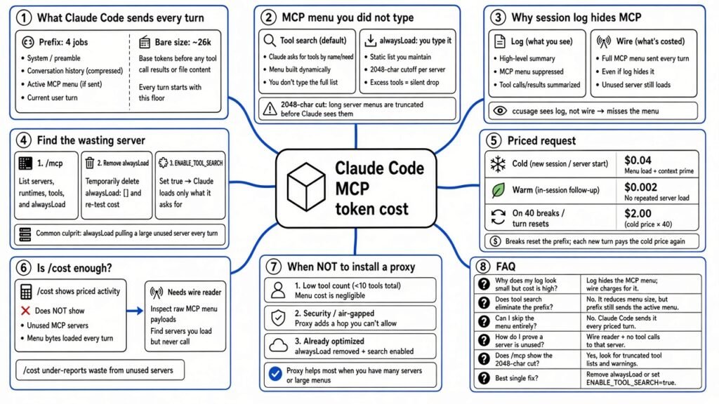Mind map — Claude Code MCP token cost: prefix, deferred vs alwaysLoad, log vs wire, /mcp check, priced delta, when not to proxy, FAQ