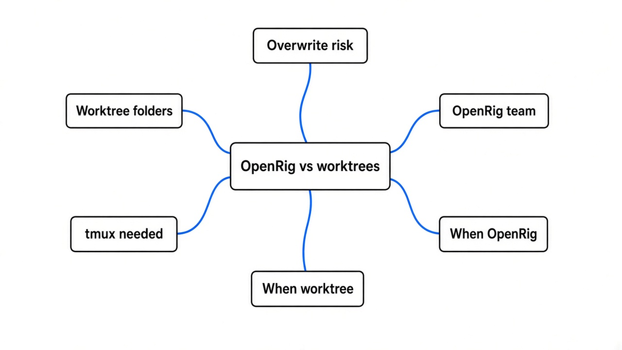 Mind map — OpenRig vs git worktrees: overwrite risk, worktree folders, OpenRig team/tmux, when to use which