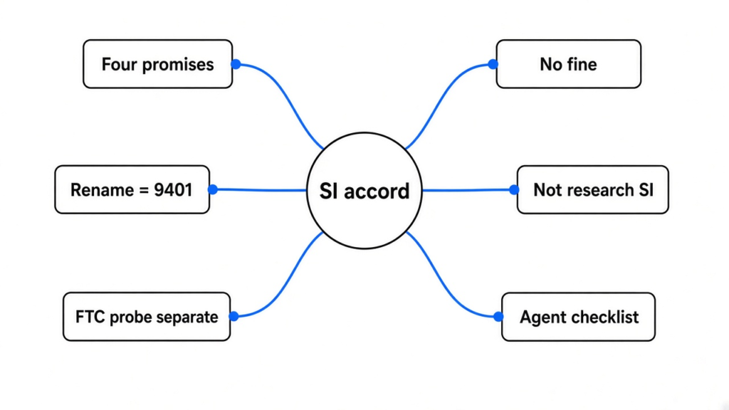 Mind map — White House Super Intelligence accord: four promises, rename, FTC probe, no fine