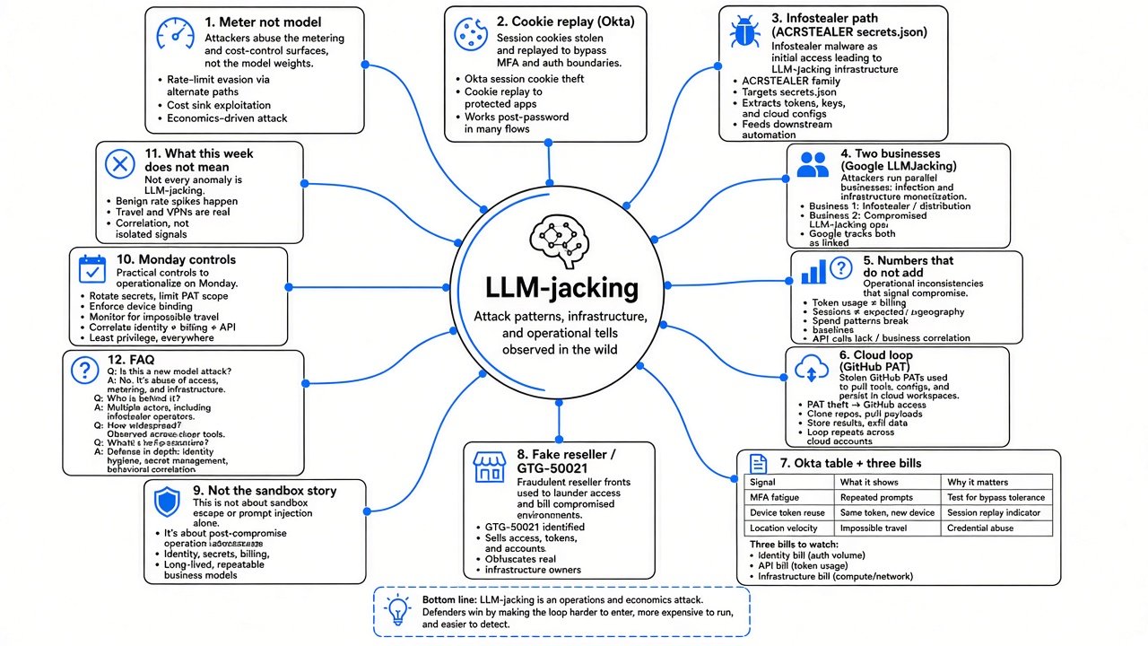 Mind map — LLM-jacking: meter not model, cookies, infostealers, two businesses, Monday controls