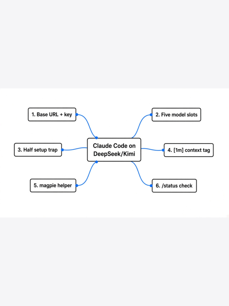 Mind map — Claude Code with DeepSeek or Kimi: five slots, [1m] suffix, magpie undo