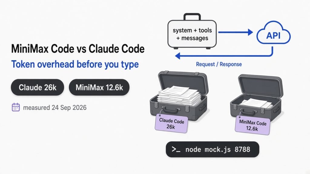MiniMax Code vs Claude Code token overhead Apple-white card with thick Claude blue suitcase loops, 26k vs 12.6k metrics