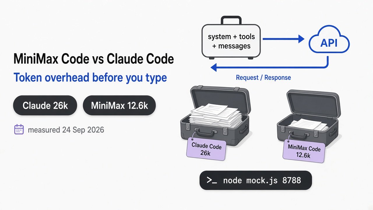 Claude Code Sends 26k Tokens Before You Type. MiniMax Code Sends 12.6k. MiniMax Code vs Claude Code token overhead Apple-white card with thick Claude blue suitcase loops, 26k vs 12.6k metrics