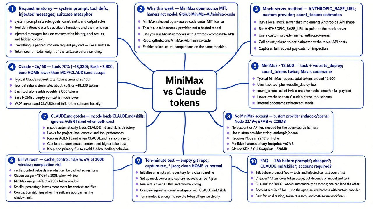 MiniMax Code vs Claude Code tokens mind map covering request anatomy, mock-server method, overhead split, caching, CLAUDE.md gotcha, and FAQ