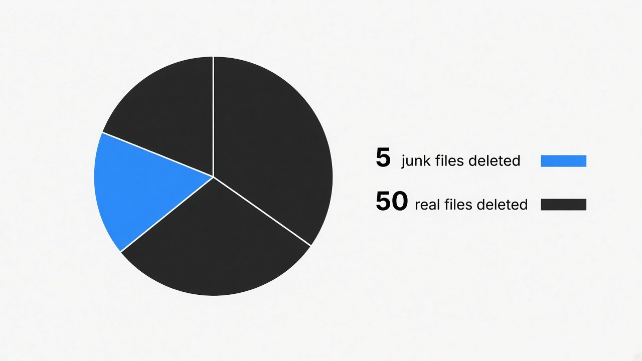 Pie chart: 5 junk vs 50 real files deleted