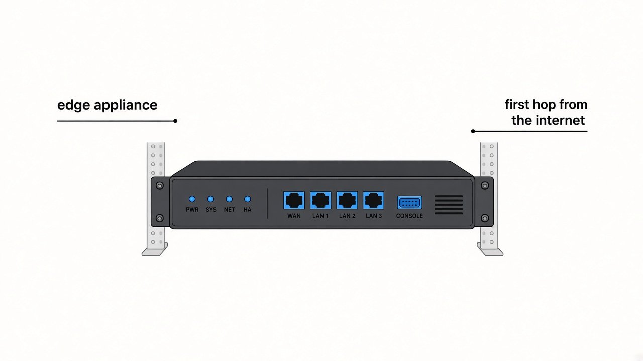 A rack-mounted network appliance at the edge of a company network — GenerateImage original, first-party diagram