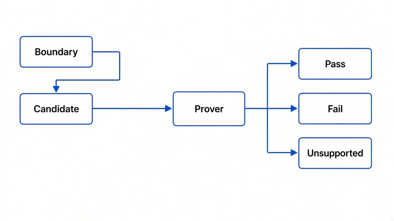 SMT prover: boundary + candidate → within_boundary / exceeds_boundary+counterexample / unsupported