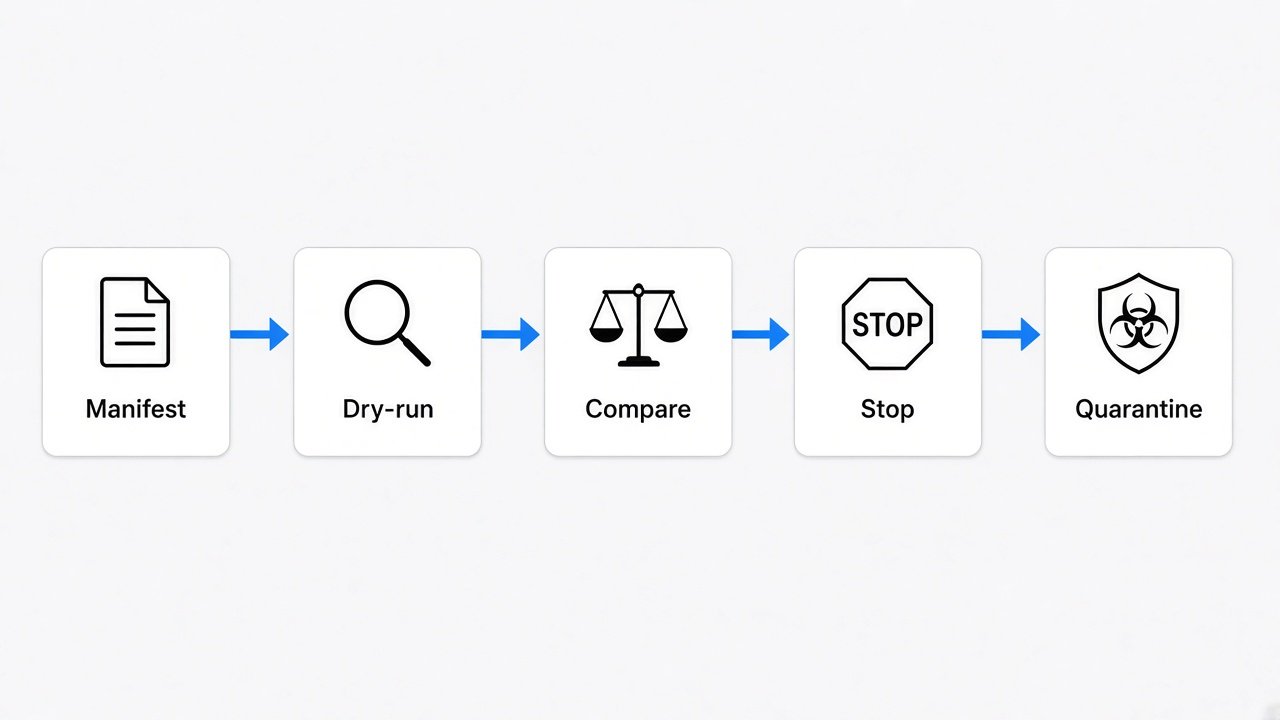 Manifest dry-run compare stop quarantine flow
