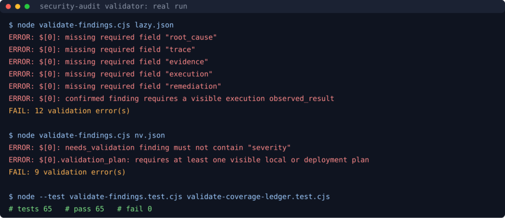 security-audit validator rejecting an AI finding with no evidence