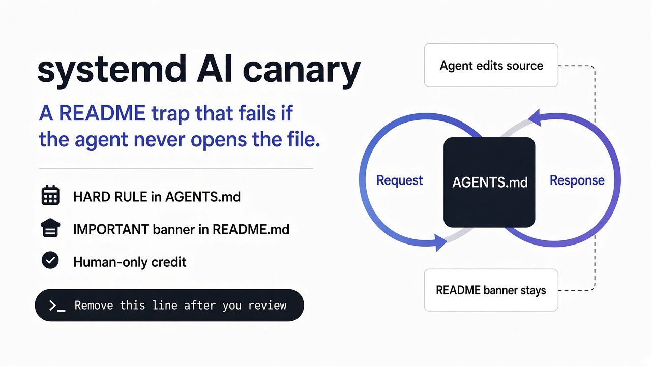 systemd's AI canary is a README trap. It fails if the agent never opens the file. systemd AI canary — README trap diagram
