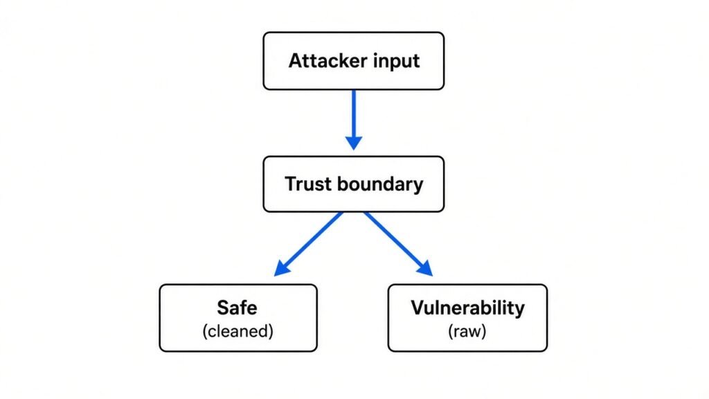 Trust boundary: attacker input cleaned stays safe; raw input becomes a vulnerability