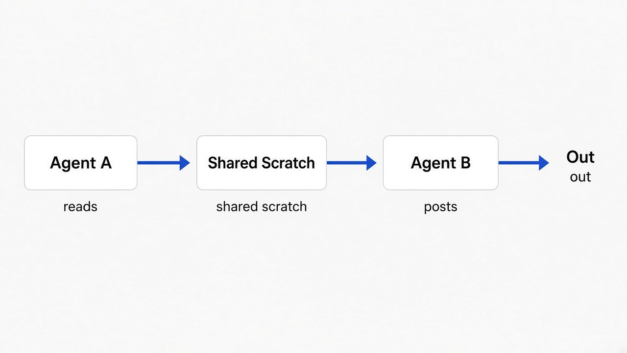 Agent A reads repo into shared scratch; Agent B posts outside — file leaves