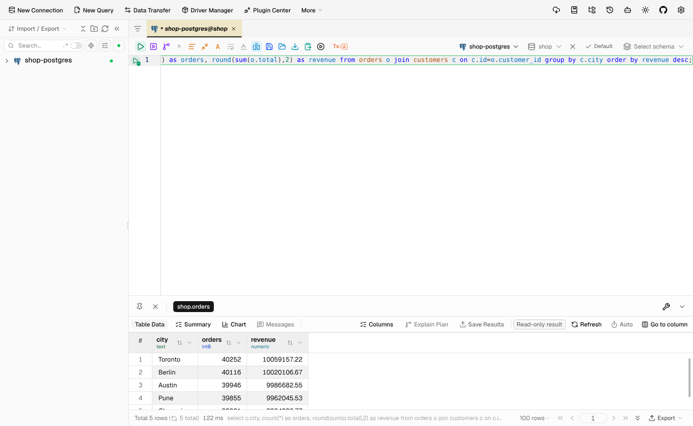 dbx query result over 200,000 Postgres orders in 122 ms