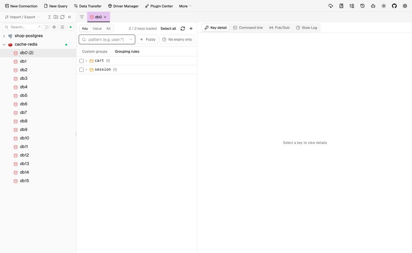 dbx Redis key browser grouping session and cart keys