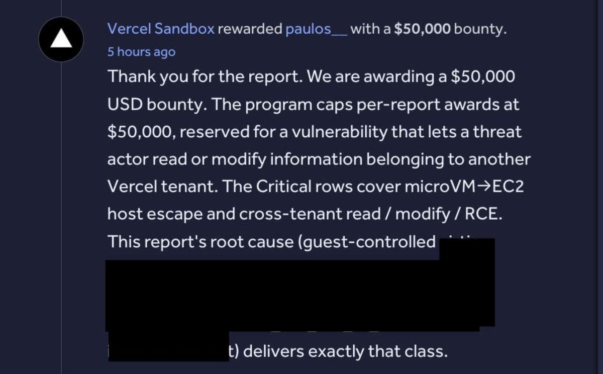 Vercel Sandbox bounty award screenshot — $50,000, guest-controlled root cause blacked out