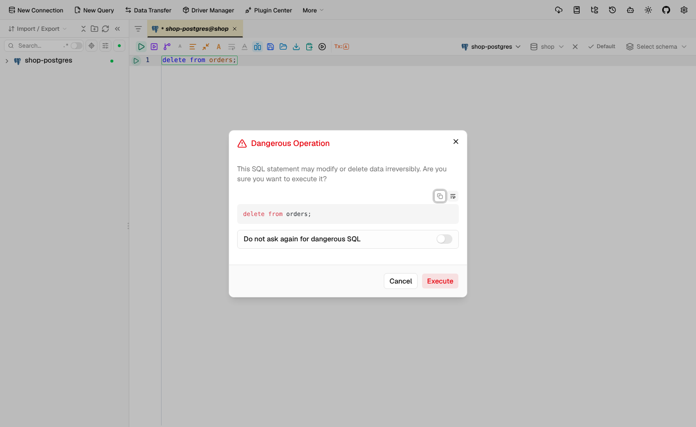 dbx Dangerous Operation warning before delete from orders