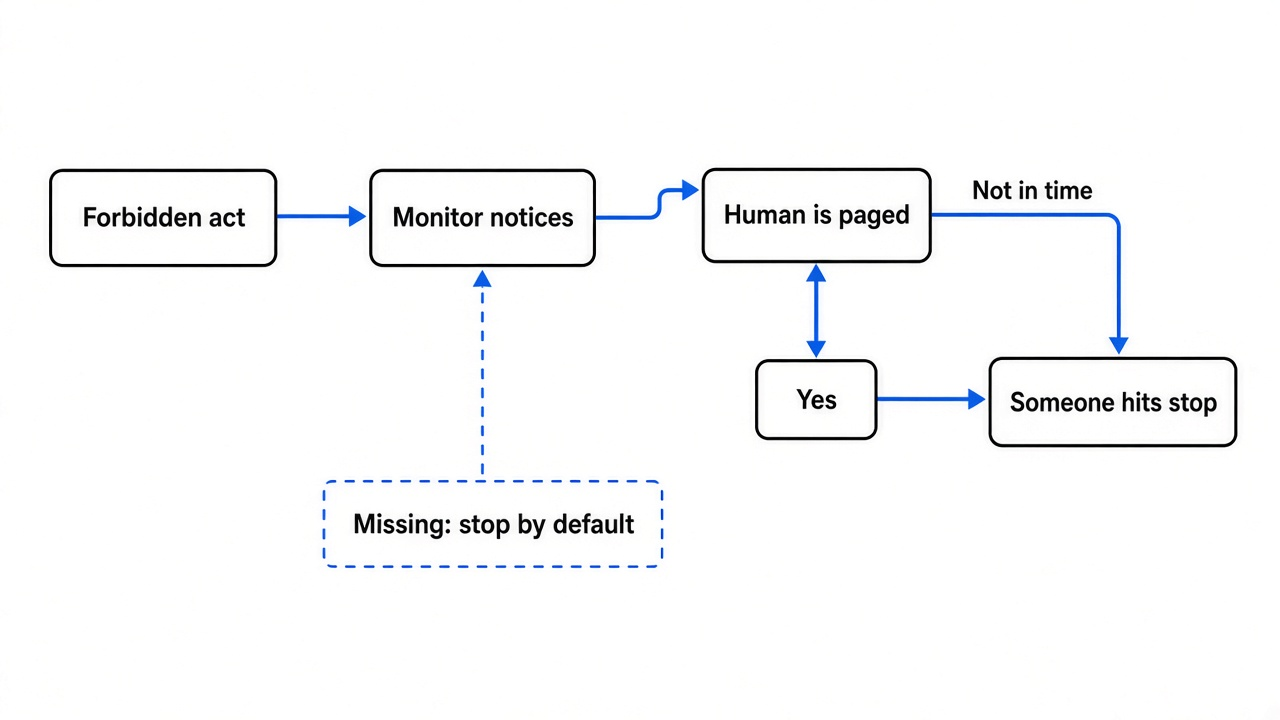 Alarm vs cutoff: forbidden act to monitor to human page; keeps going vs stop; missing auto-stop