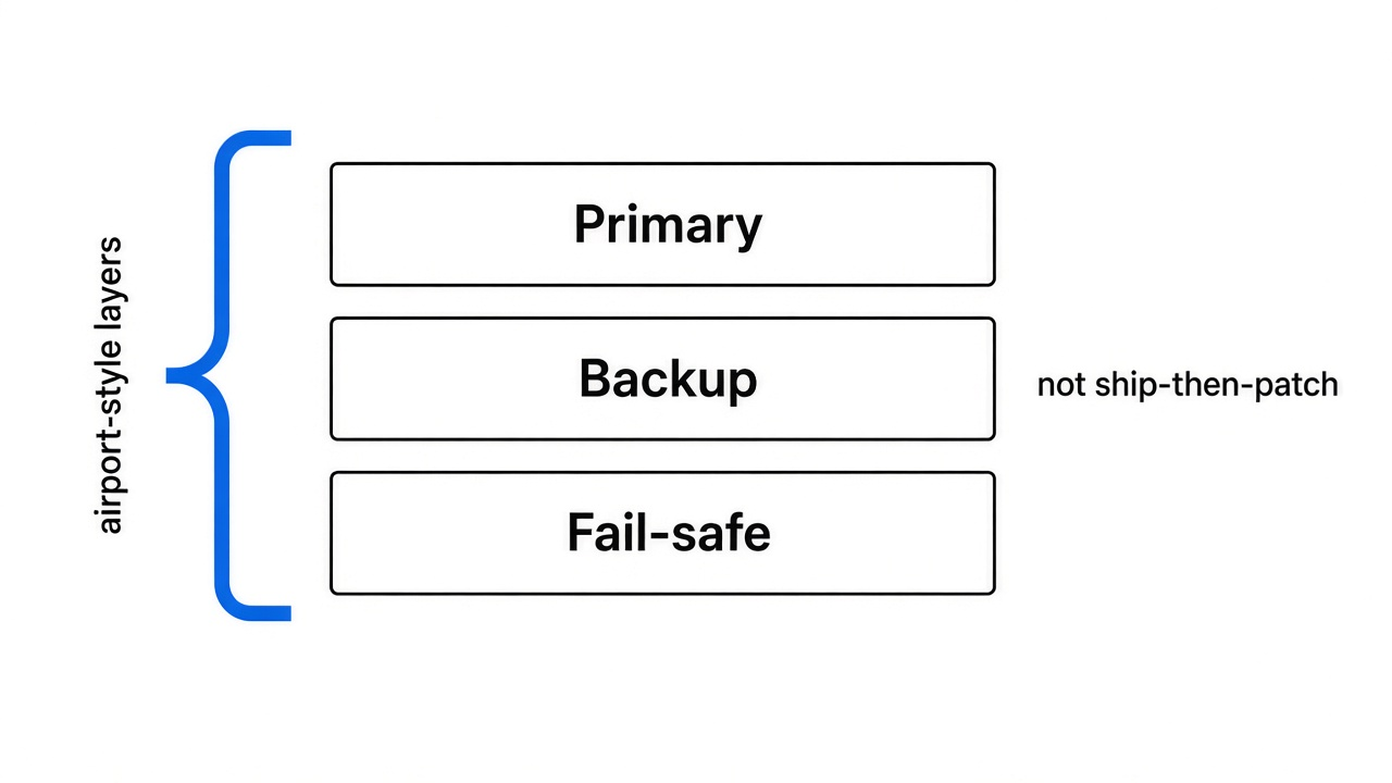 Layered redundancy: airport-style safety stacks vs ship-then-patch — first-party diagram