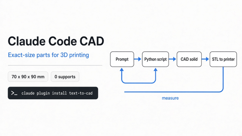 Claude Code CAD for 3D printing: title card and a simple flow from prompt to Python script to CAD solid to STL, with a measure loop