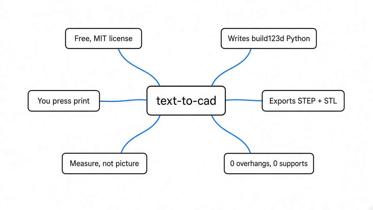 Simple mindmap of Claude Code CAD for 3D printing with text-to-cad: free MIT license, writes build123d Python, exports STEP and STL, measure not picture, zero overhangs and supports, you press print