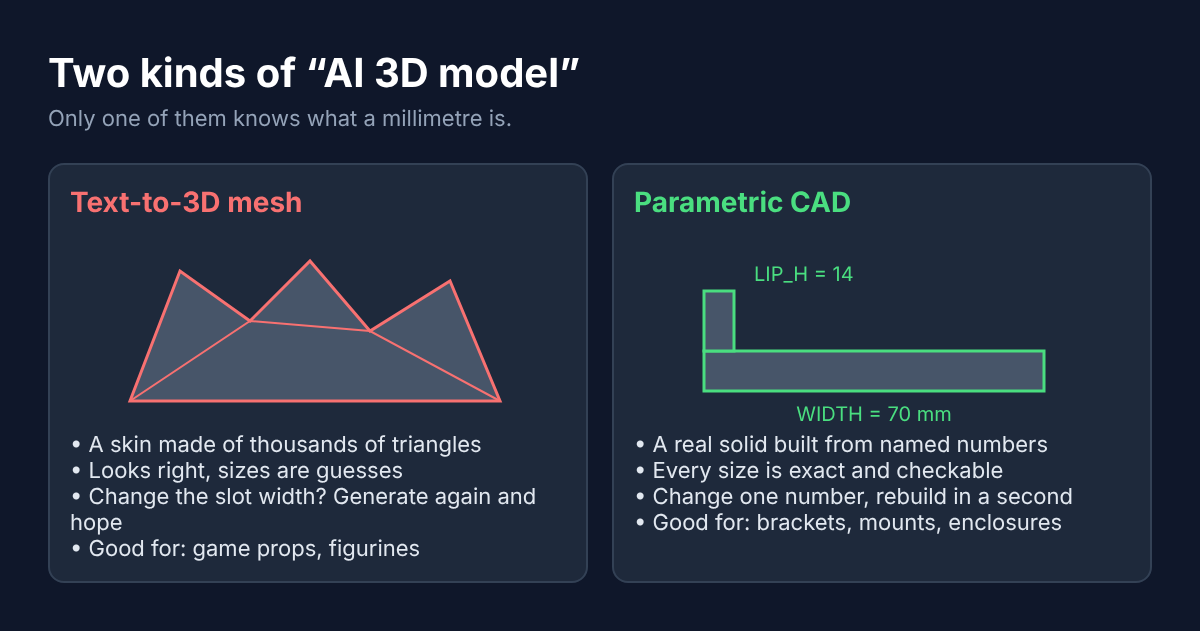 Text-to-3D mesh compared with parametric CAD built from exact dimensions