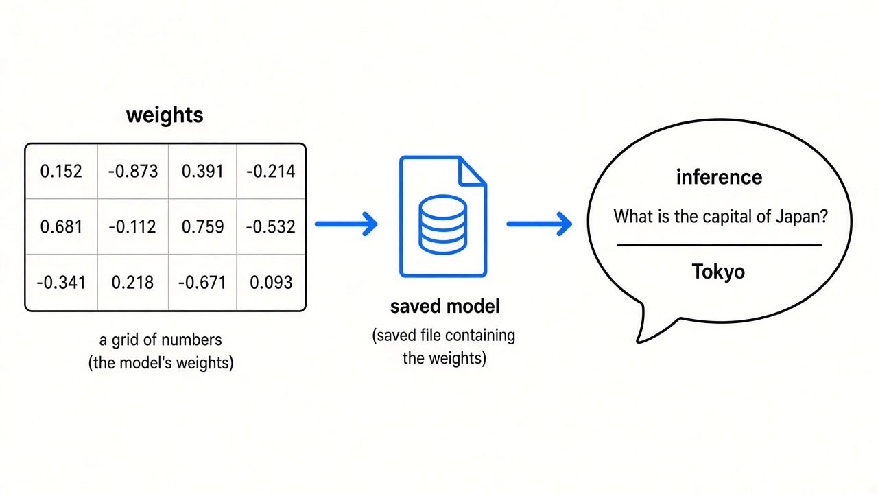 Weights as numbers: examples to training to saved weights to inference — first-party diagram