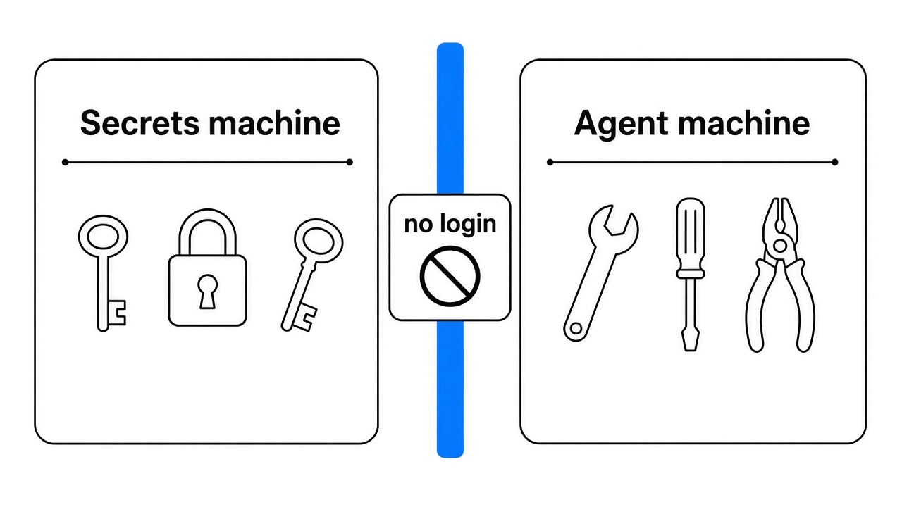 Secrets machine vs agent machine split — keys stay off the agent box