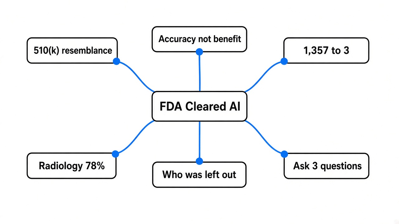 Simple mindmap of FDA cleared AI medical devices: 510(k) resemblance, accuracy vs benefit, 3 outcome tests, radiology 78%, who was left out