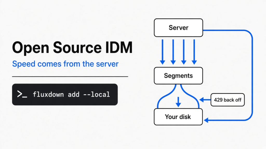 Open source IDM alternative: left title card and a simple diagram of one file split into parallel connections