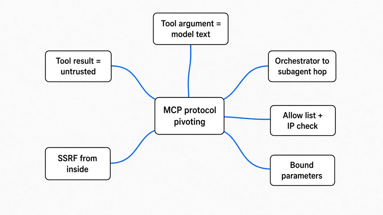 Simple mindmap of MCP protocol pivoting: tool argument, tool result, SSRF, orchestrator to subagent hop, allow list plus IP check, bound parameters