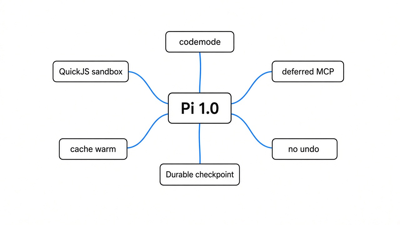 Mind map — Pi 1.0: codemode, QuickJS sandbox, deferred MCP, cache warm, Durable checkpoint, no undo